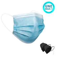 Cargar imagen en el visor de la galería, Mascarilla Higiénica con Equivalencia a Mascarilla Quirúrgica Tipo IIR Desechable - (Certificada) (30 Unidades - 0,23€/ud) + 2 Mascarillas FFP2 NEGRO (OFERTA)