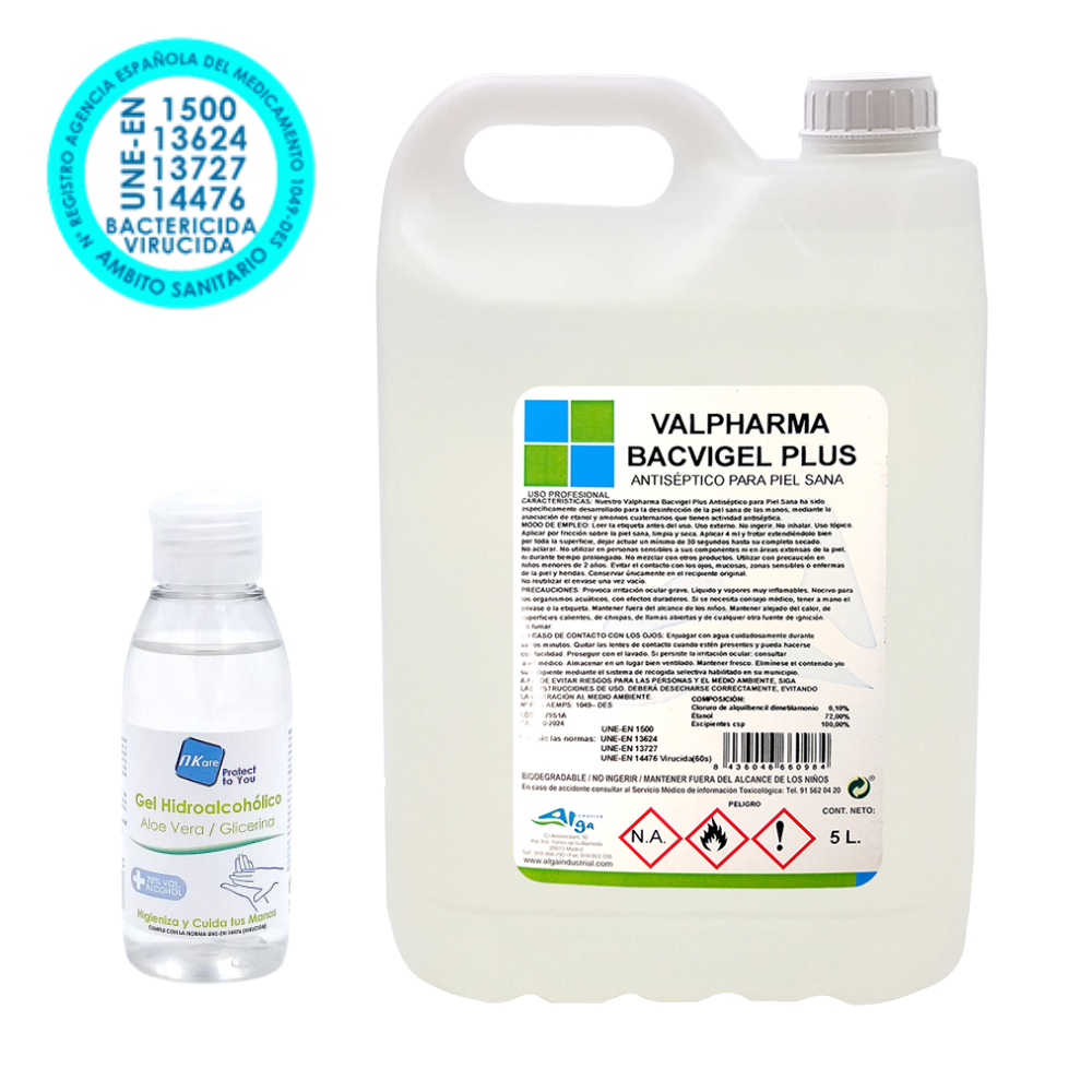 Valpharma BACVIGEL PLUS - Garrafa Gel Antiséptico para manos 5L OFERTA: Mascarilla antivírica y una gel hidroalcohólico de 100ml GRATIS