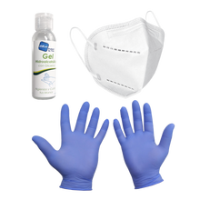 Cargar imagen en el visor de la galería, Pack: 2 Guantes Nitrilo + 1 Mascarilla FFP2+ 1 Gel Hidroalcoholico de 60ml
