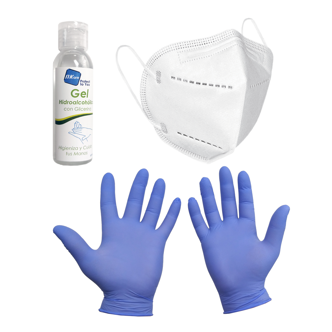 Pack: 2 Guantes Nitrilo + 1 Mascarilla FFP2+ 1 Gel Hidroalcoholico de 60ml